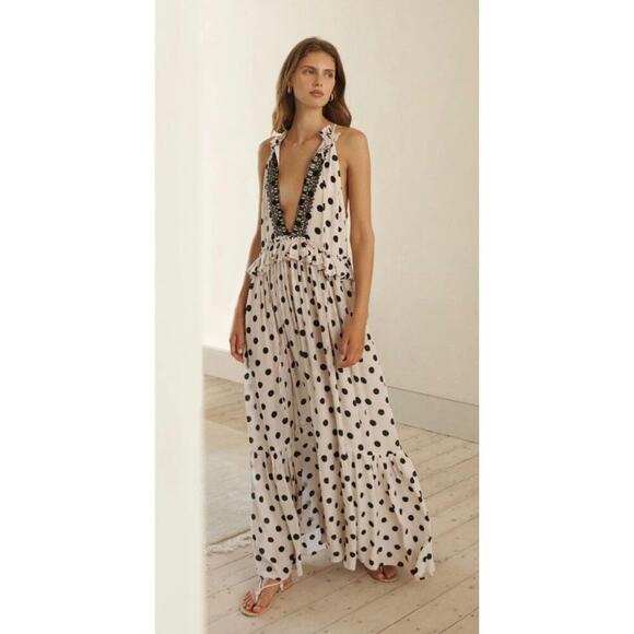 EVARAE Dresses & Skirts - Evarae Alegra Dress in White and Polka Dot with Lace Trim Maxi Gown MSRP $500
